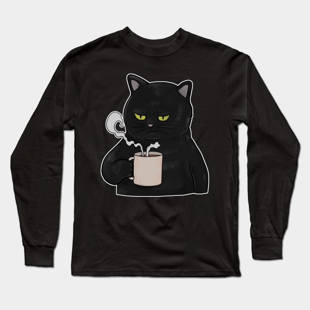 Grumpy Black Cat with Coffee Morning Grouch Long Sleeve T-Shirt by Mesyo